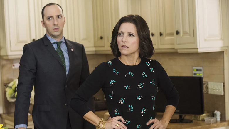 Julia Louis-Dreyfus as Selina Meyer and Tony Hale as Gary Walsh standing in a kitchen with concerned and anxious expressions in a scene from 
