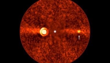 This image, taken with ESO&rsquo;s Very Large Telescope (VLT) shows Beta Pictoris d, a new planet found orbiting the star Beta Pictoris. The star is at the centre of the frame, and was subtracted when processing the data, revealing the environment around it. The new planet, indicated with an arrow, is the third one found around this star. The other two are Beta Pictoris b &ndash;&ndash; the bright source to the left, and Beta Pictoris c, orbiting much closer to the star and not seen here. The image was taken with the ERIS instrument at the VLT. Based on its infrared brightness and colour, the new planet appears to be a gas giant, about 2.4 times more massive than Jupiter. The diffuse horizontal band in this image is a debris disc around the star, seen here edge-on, the leftover material of planetary formation.