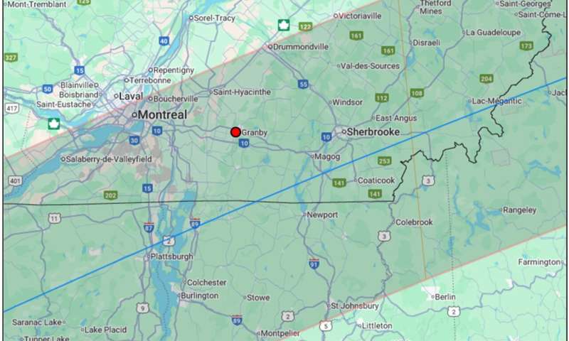 Zoo de Granby (red point; Granby, Canada) within the shadow cast by the moon on the afternoon of April 8, 2024. Credit: Jubier 2025. http://xjubier.free.fr/site_pages/solar_eclipses/TSE_2024_GoogleMapFull.html. When darkness fell during the total solar eclipse, zoo animals responded in wildly different ways