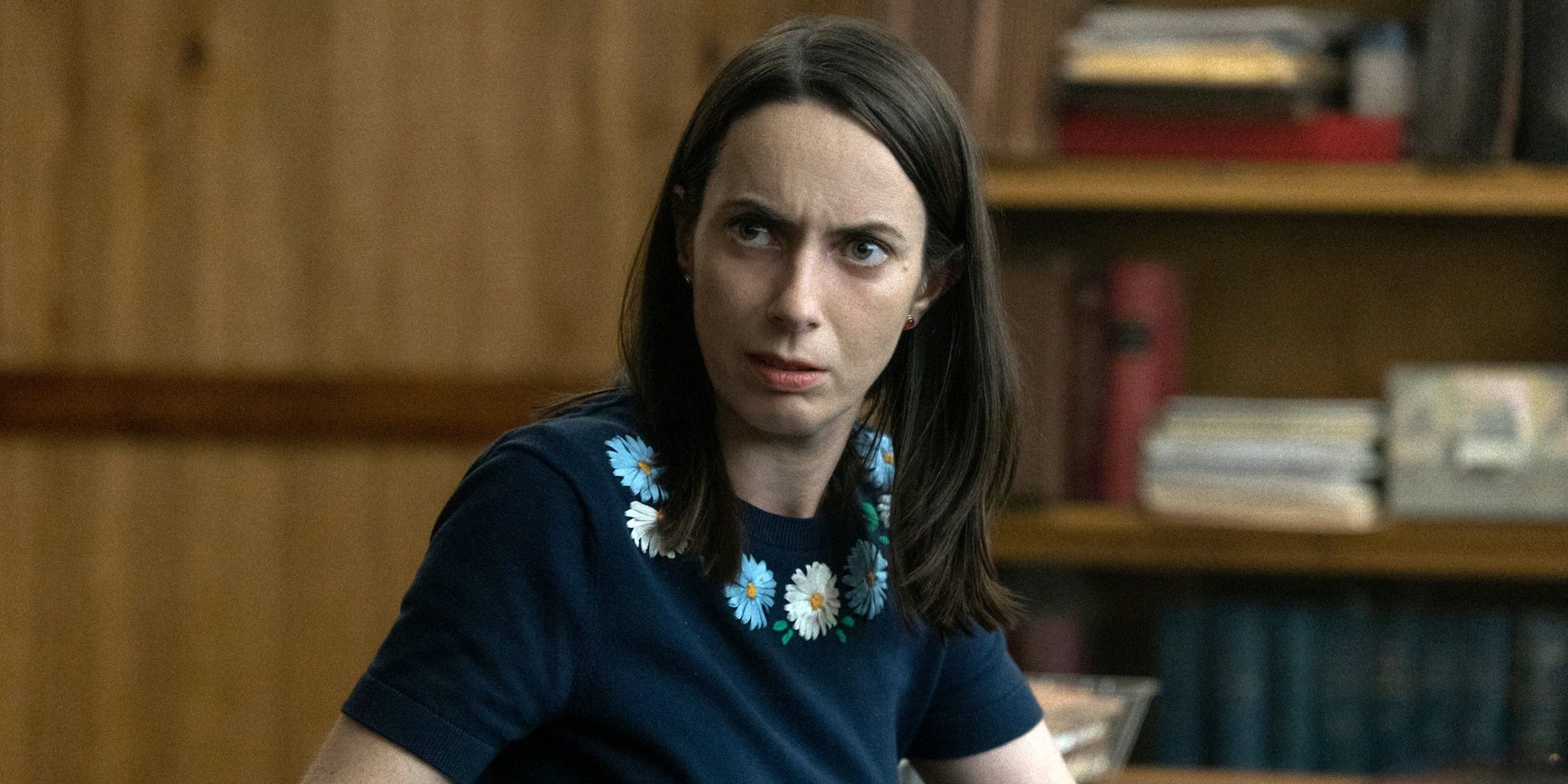 Kate O'Flynn as Patricia looking concerned in Widow's Bay
