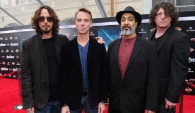 HOLLYWOOD, CA - APRIL 11: (L-R) Musicians Chris Cornell, Matt Cameron, Kim Thayil and Ben Shepherd of Soundgarden attend the premiere of Marvel Studios' "Marvel's The Avengers" held at the El Capitan Theatre on April 11, 2012 in Hollywood, California.