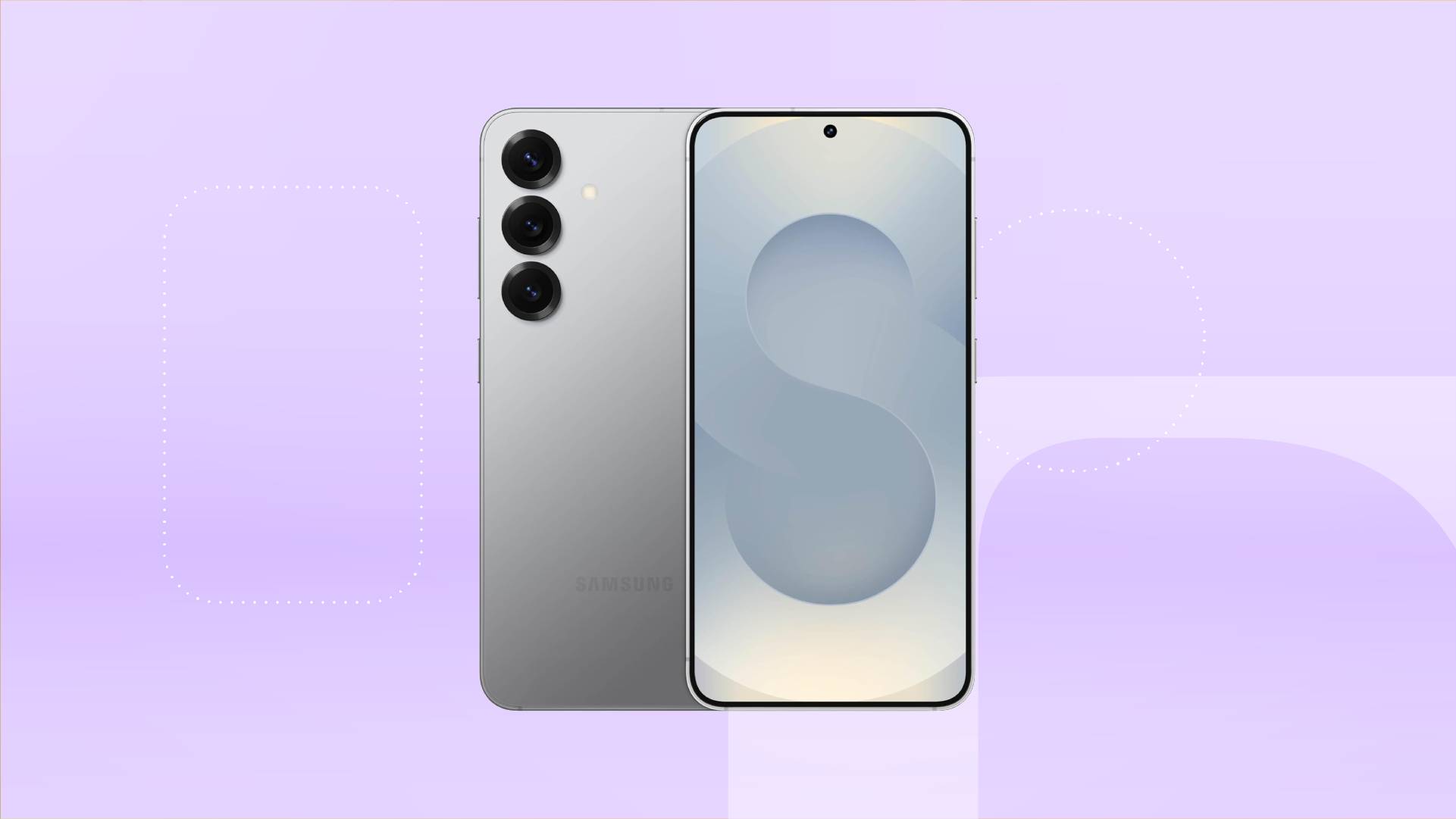 A gray Samsung Galaxy S25 phone against a lavender gradient CNET background.