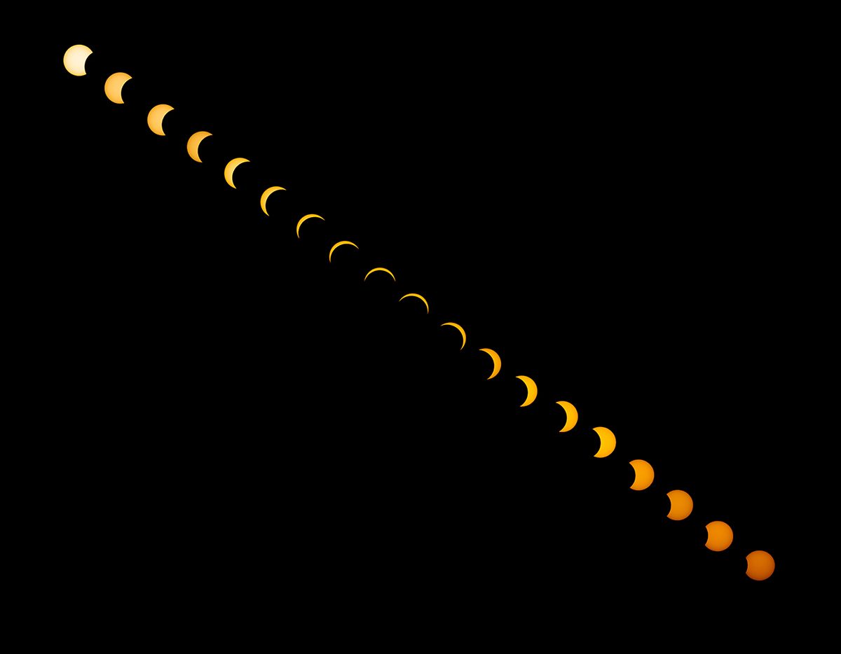 Last year Rebecca Saxton sent us a beautiful composite image of the partial solar eclipse of 29 March 2025, and she's just sent us another one – this time of the eclipse of 12 August 2026 from Cambridge, UK. 