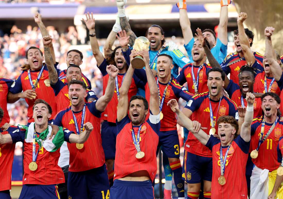 Spain lifts the World Cup trophy in the tournament final after defeating Argentina at New York New Jersey Stadium in East Rutherford, N.J., on July 19, 2026.