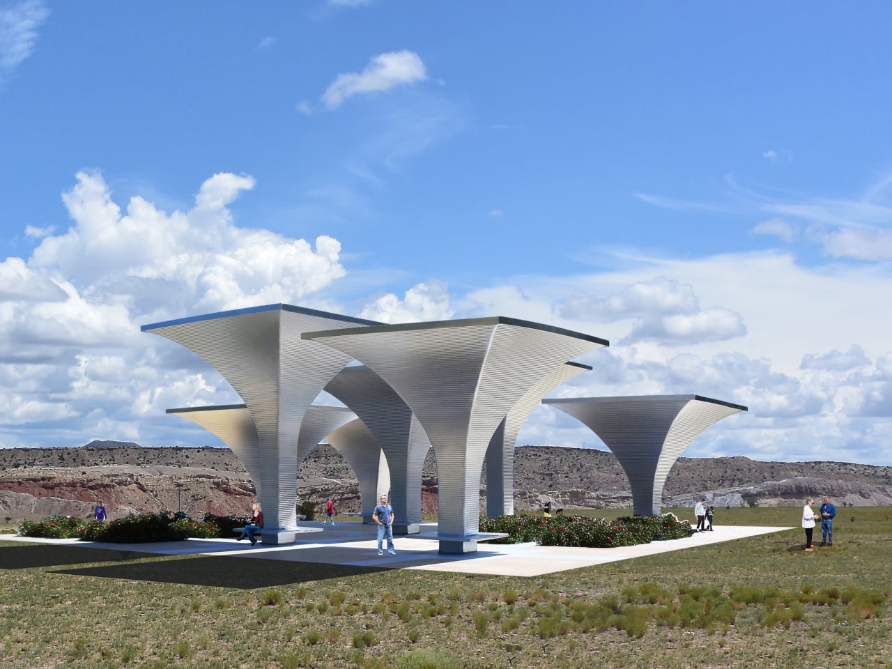 Funnels That Harvest Rain and Solar Power While Shading a Public Plaza