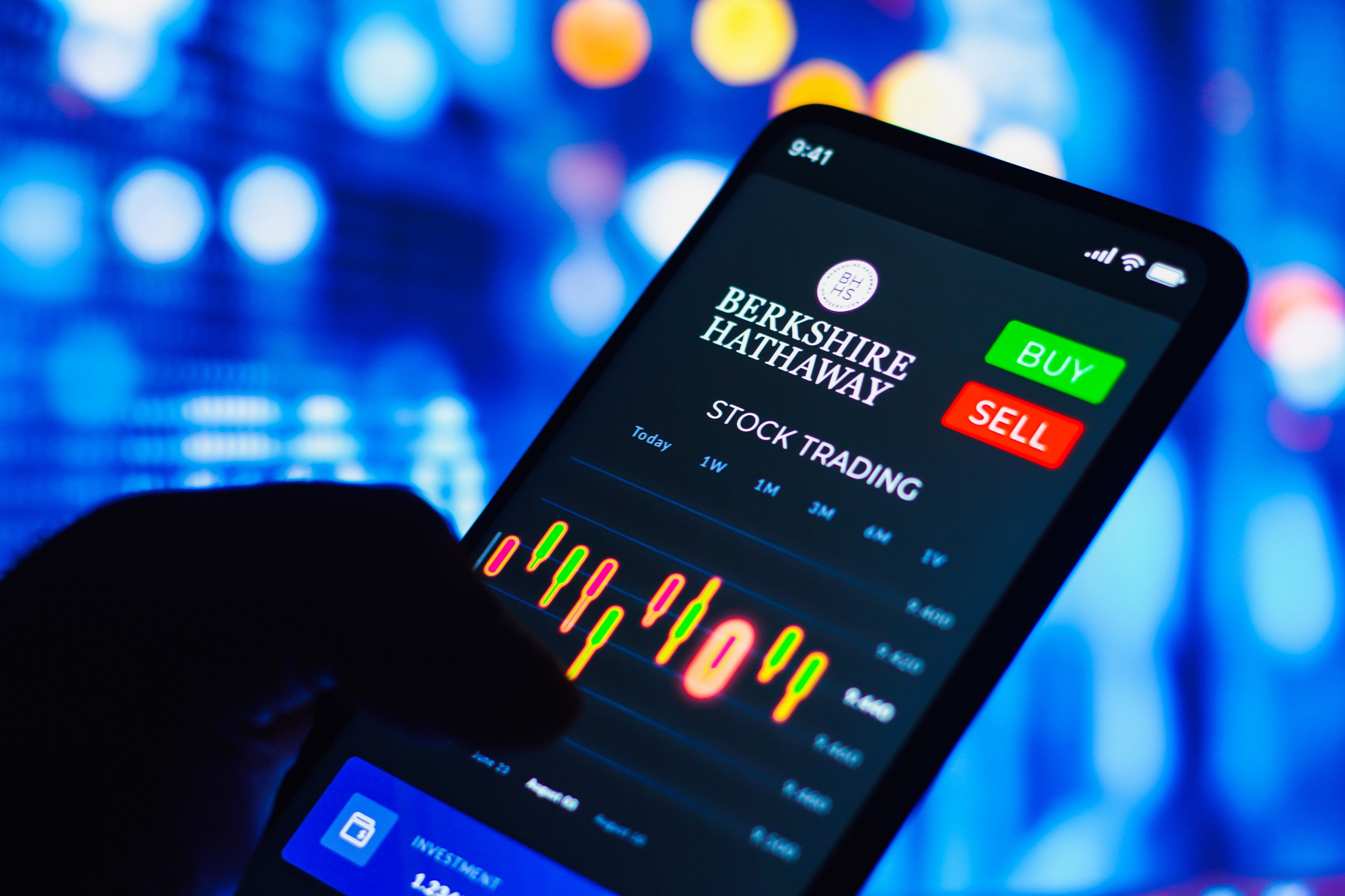 Berkshire Hathaway shares on a trading app on a phone.