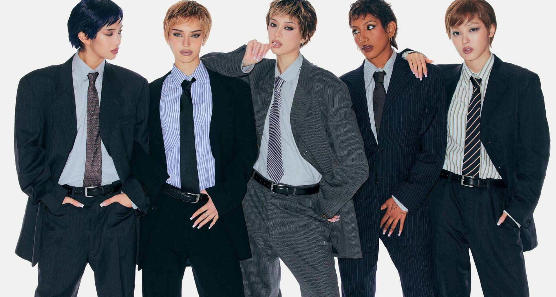 From left are Sophia, Daniela, Megan, Lara Raj and Yoonchae of global girl group KATSEYE. Courtesy of HYBE, Geffen Records