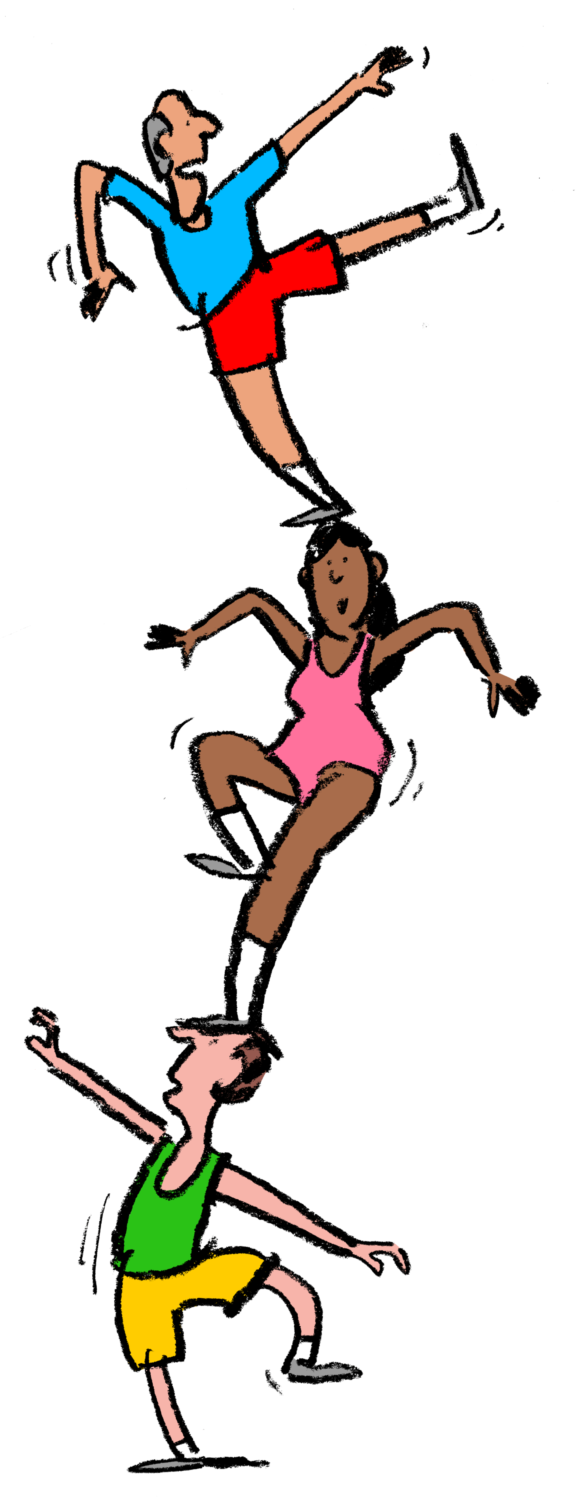 cartoon illustration of three figures balancing atop each other 