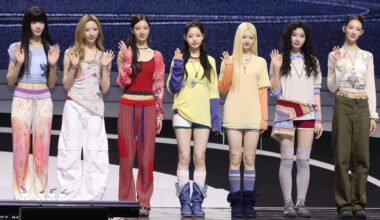 K-pop girl group TUIDE members, from left, Seah, Elena, Seoyeon, Jia, Seohee, Saki and Yi Hani, pose during a media showcase for the group