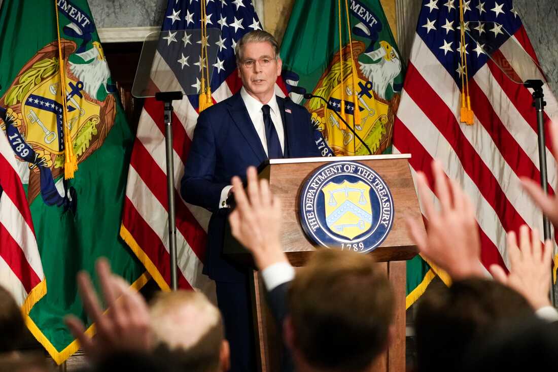 Treasury Secretary Scott Bessent speaks at a news conference Monday at the Treasury Department in Washington.