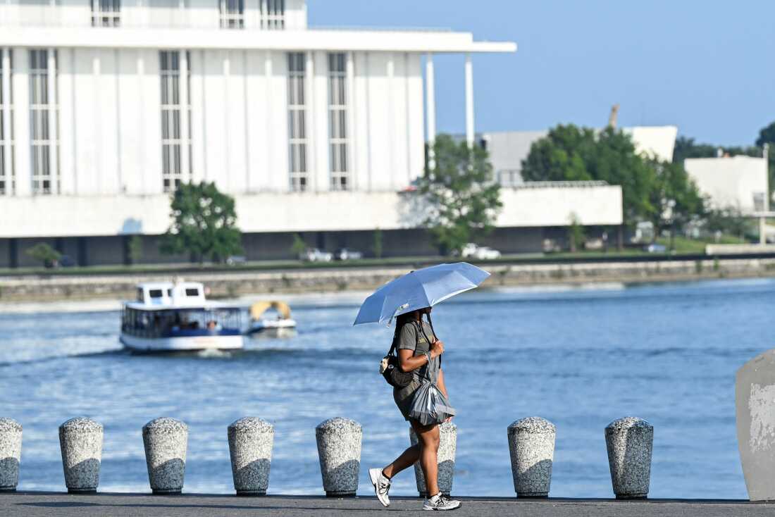 A person uses an umbrella to stay cool while walking along the Potomac River during a heatwave in Washington, DC, in July.