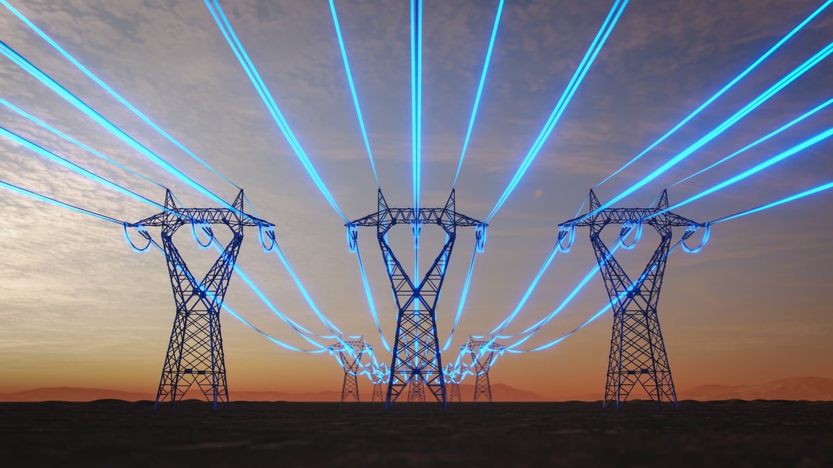 Power lines glowing in the dark.