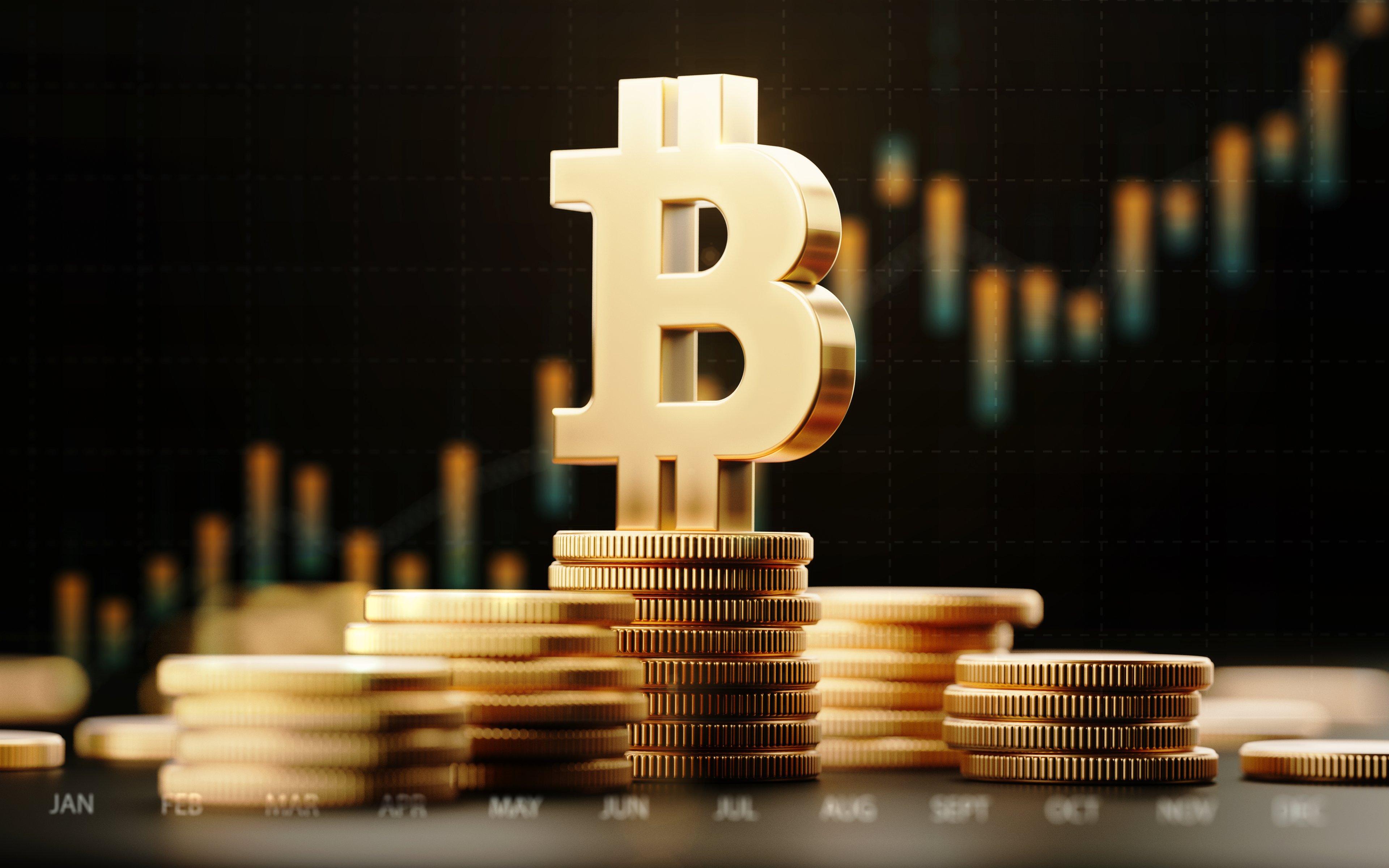 A Bitcoin symbol stands atop a pile of coins.