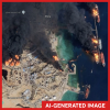 An AI-generated image showing multiple fires on and near Kharg Island, an Iranian island in the Persian Gulf.
