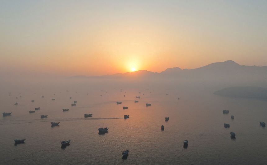 A drone view shows vessels in the Strait of Hormuz, as seen from Musandam, Oman, in June.
