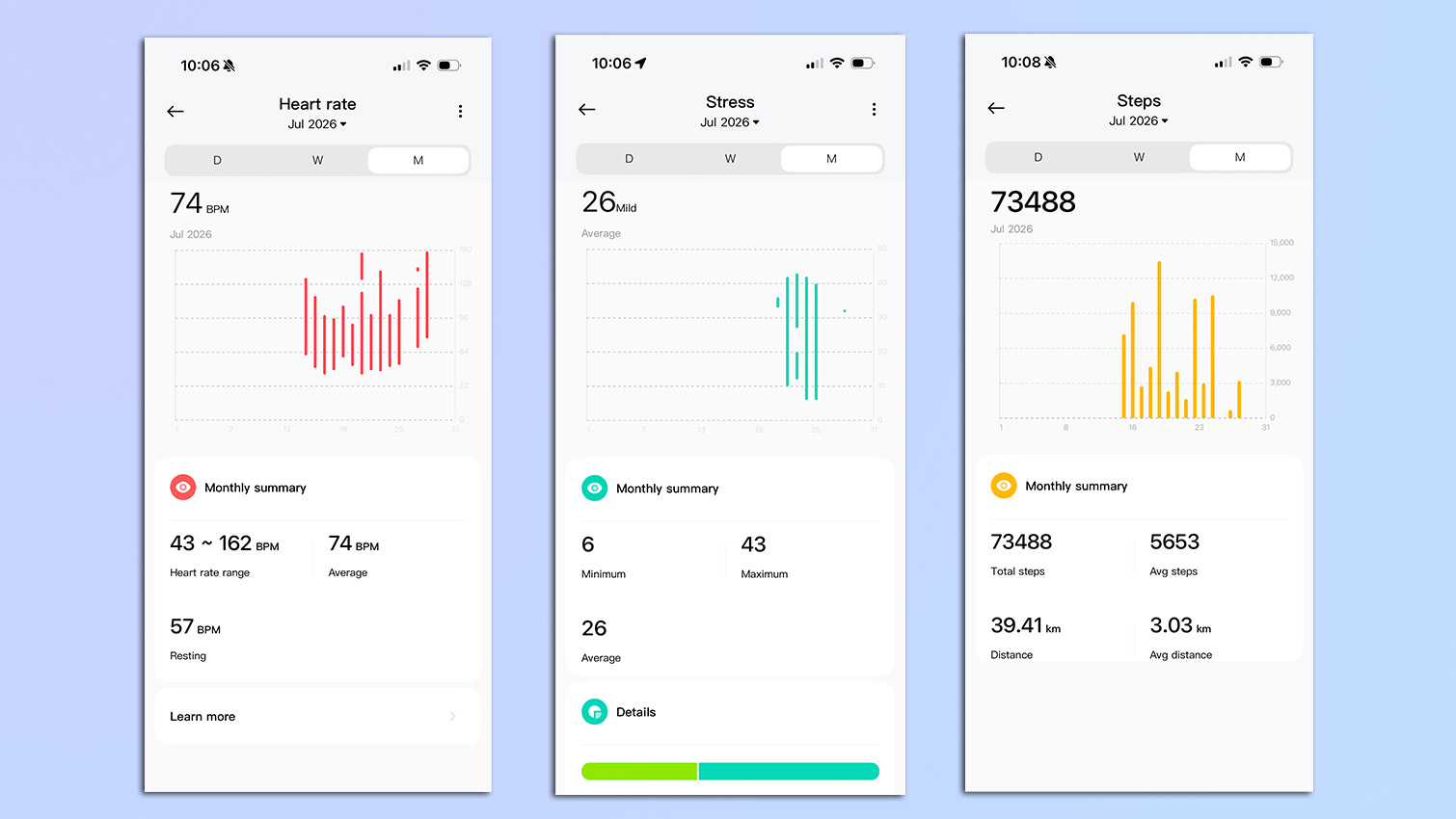 Screenshots from the Mi Fitness app