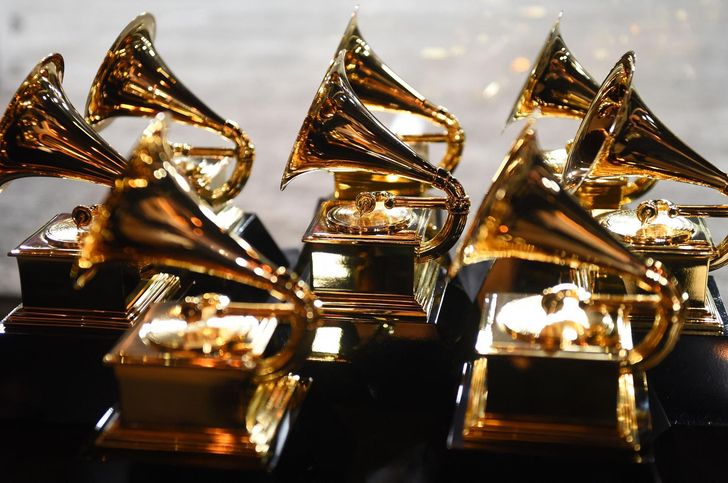 Grammy trophies sit in the press room during the 60th Annual Grammy Awards in New York, Jan. 28, 2018. AFP-Yonhap