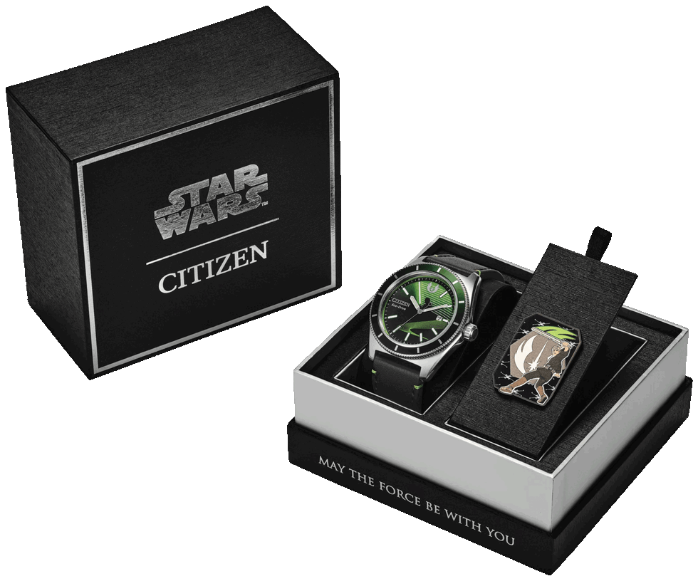 citizen star wars watch in themed box with "may the force be with you" text. citizen star wars watch in themed box with "may the force be with you" text.