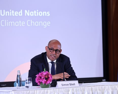 Executive Secretary of the United Nations Framework Convention on Climate Change Simon Stiell delivers a keynote address during a press conference in New Delhi, India.