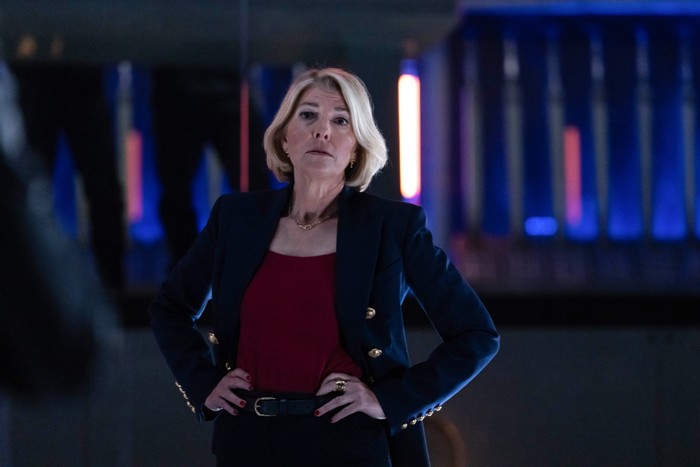 Jemma Redgrave as Kate Lethbridge-Stewart in Doctor Who's The Legend of Ruby Sunday standing with her hands on her hips