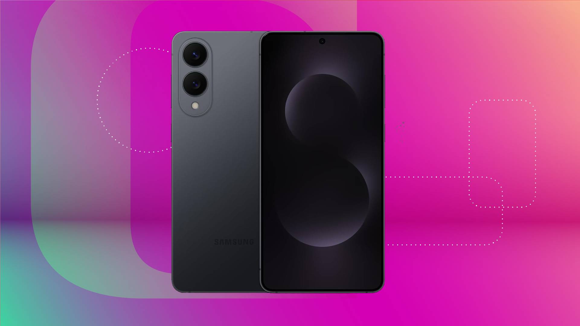 The front and back of a black Samsung phone against a pink gradient CNET background.