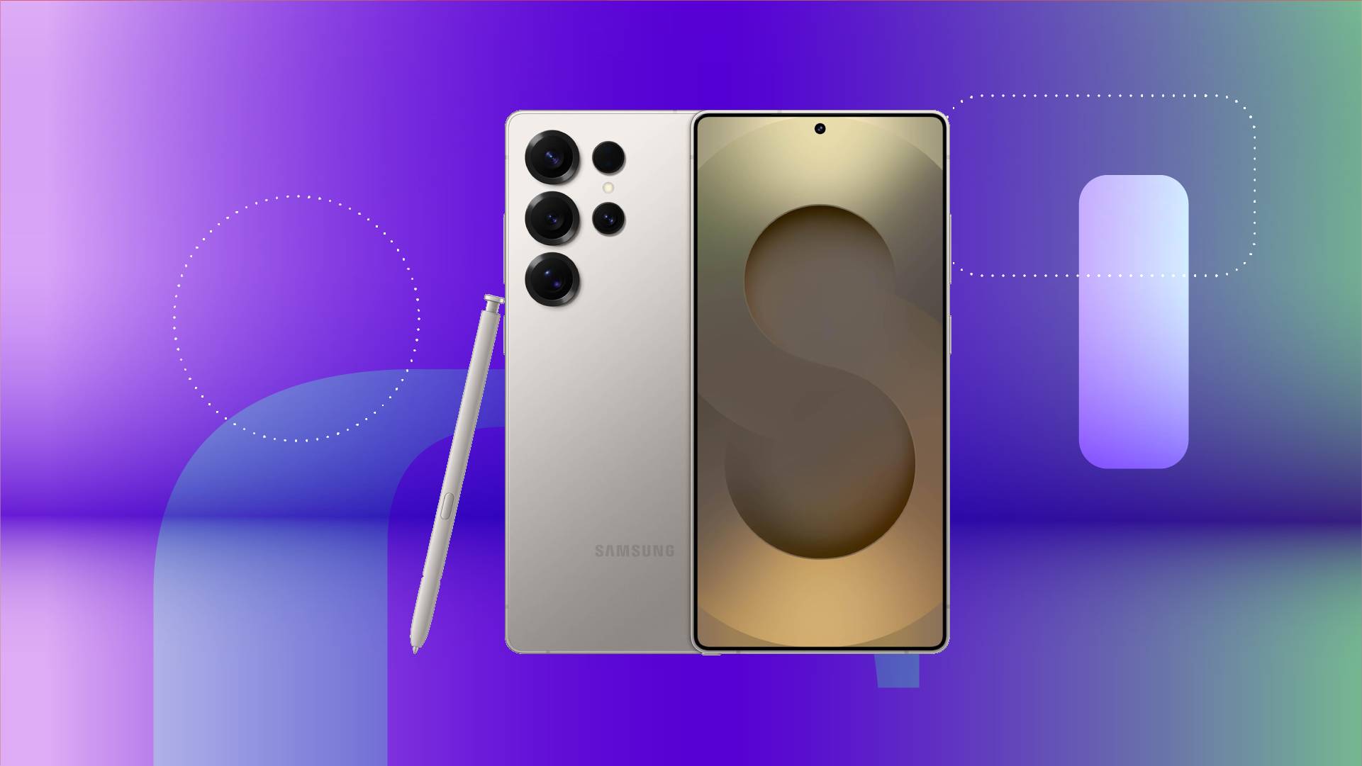 A gray Samsung Galaxy S25 Ultra phone and stylus against a purple gradient CNET background.