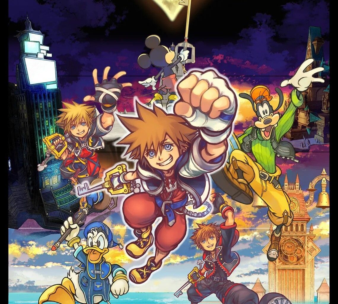 Cover art for Kingdom Hearts Collection I-III showing Sora, Donald Duck, Goofy, Mickey Mouse and a second Sora leaping over a cityscape beneath a heart-shaped moon and glowing keyblade.
