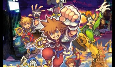 Cover art for Kingdom Hearts Collection I-III showing Sora, Donald Duck, Goofy, Mickey Mouse and a second Sora leaping over a cityscape beneath a heart-shaped moon and glowing keyblade.