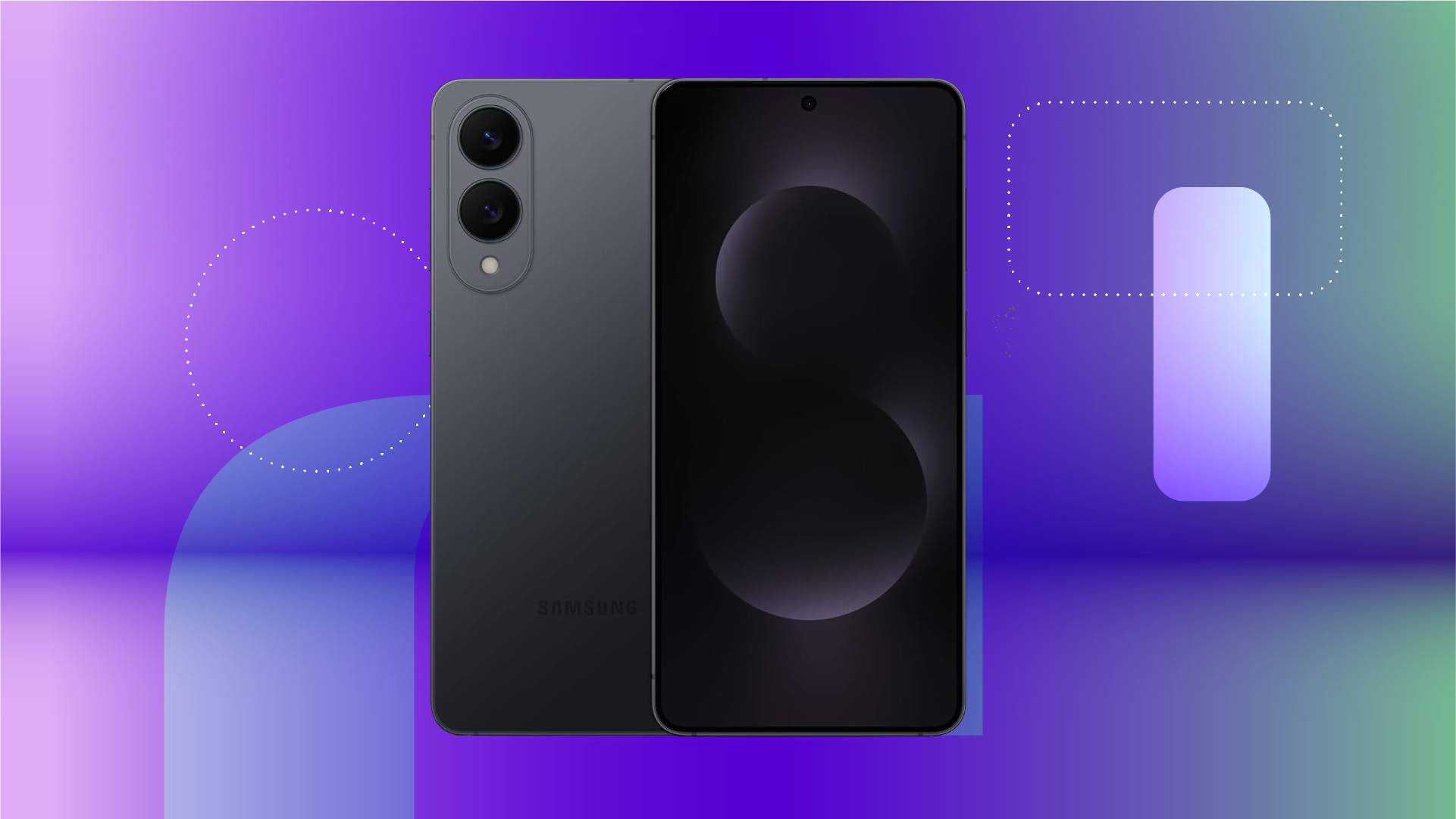 The front and back of a black Samsung phone against a purple gradient CNET background.