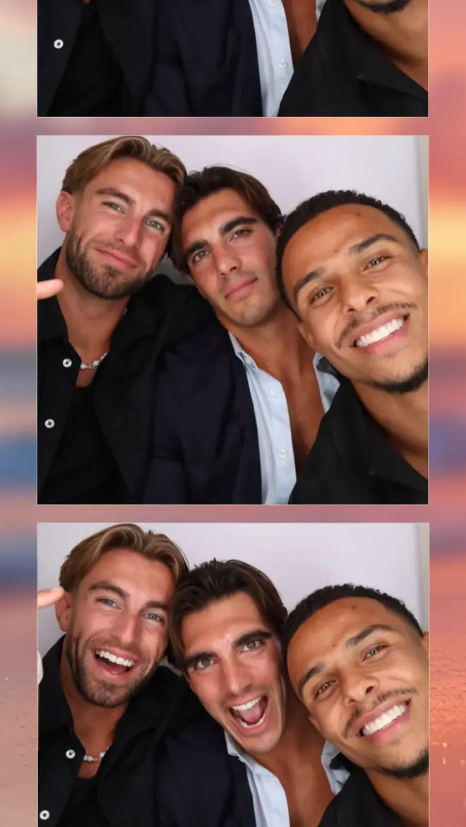 Love Island Tommy Stagg, Lorenzo Alessi , and Ethan Ellis in the Photo Booth together.