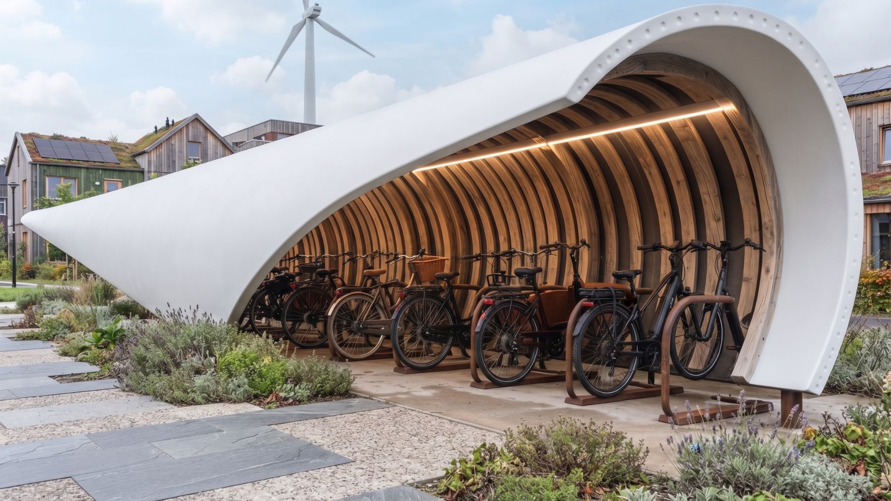 A bicycle shelter cut from a wind turbine blade