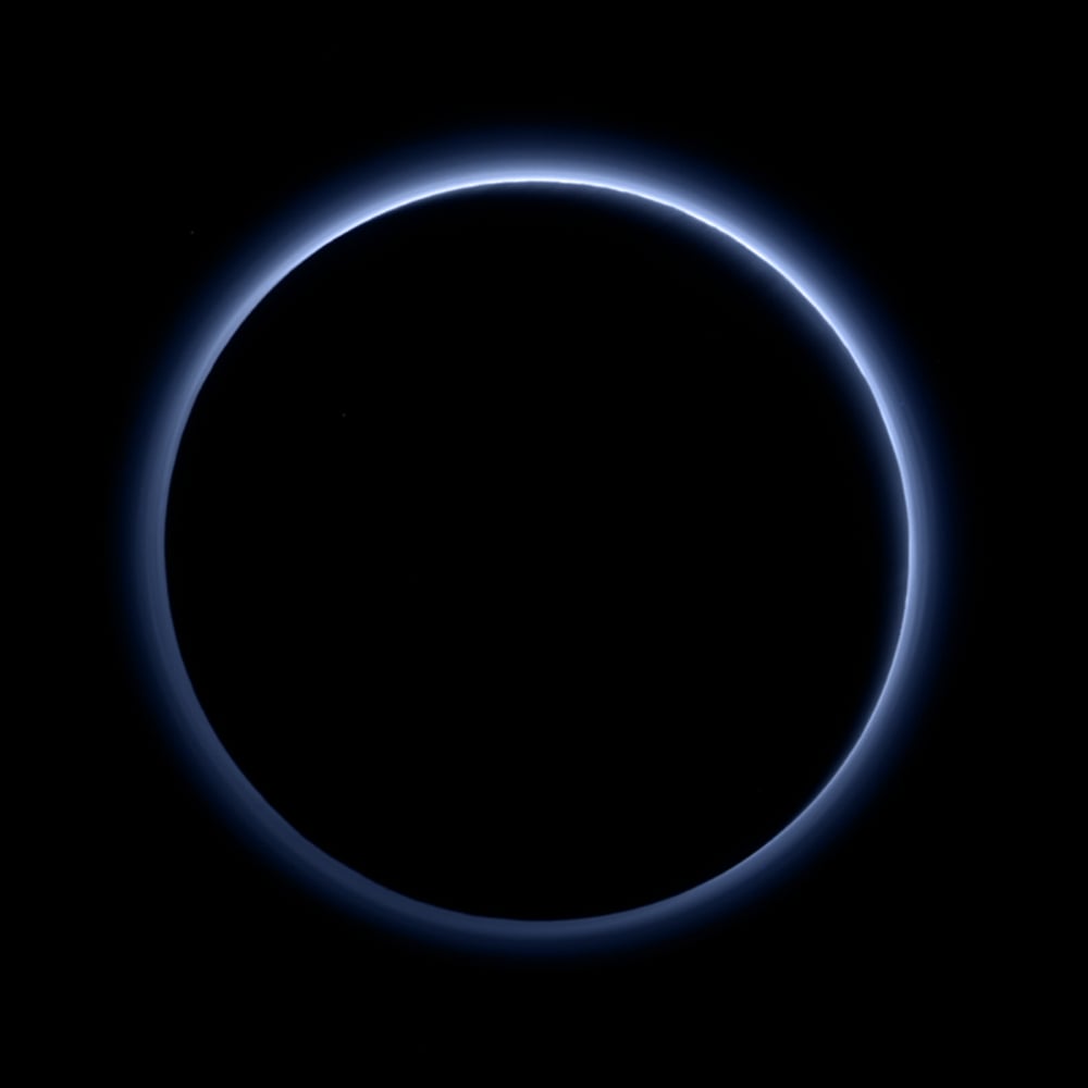 A New Horizons parting shot of Pluto's thin, hazy atmosphere as it appeared in 2015. Scientists are measuring starlight as it streams through the atmosphere to get information about how the blanket of nitrogen and other gases is changing as Pluto moves farther from the Sun. Courtesy New Horizons, NASA. Public domain.
