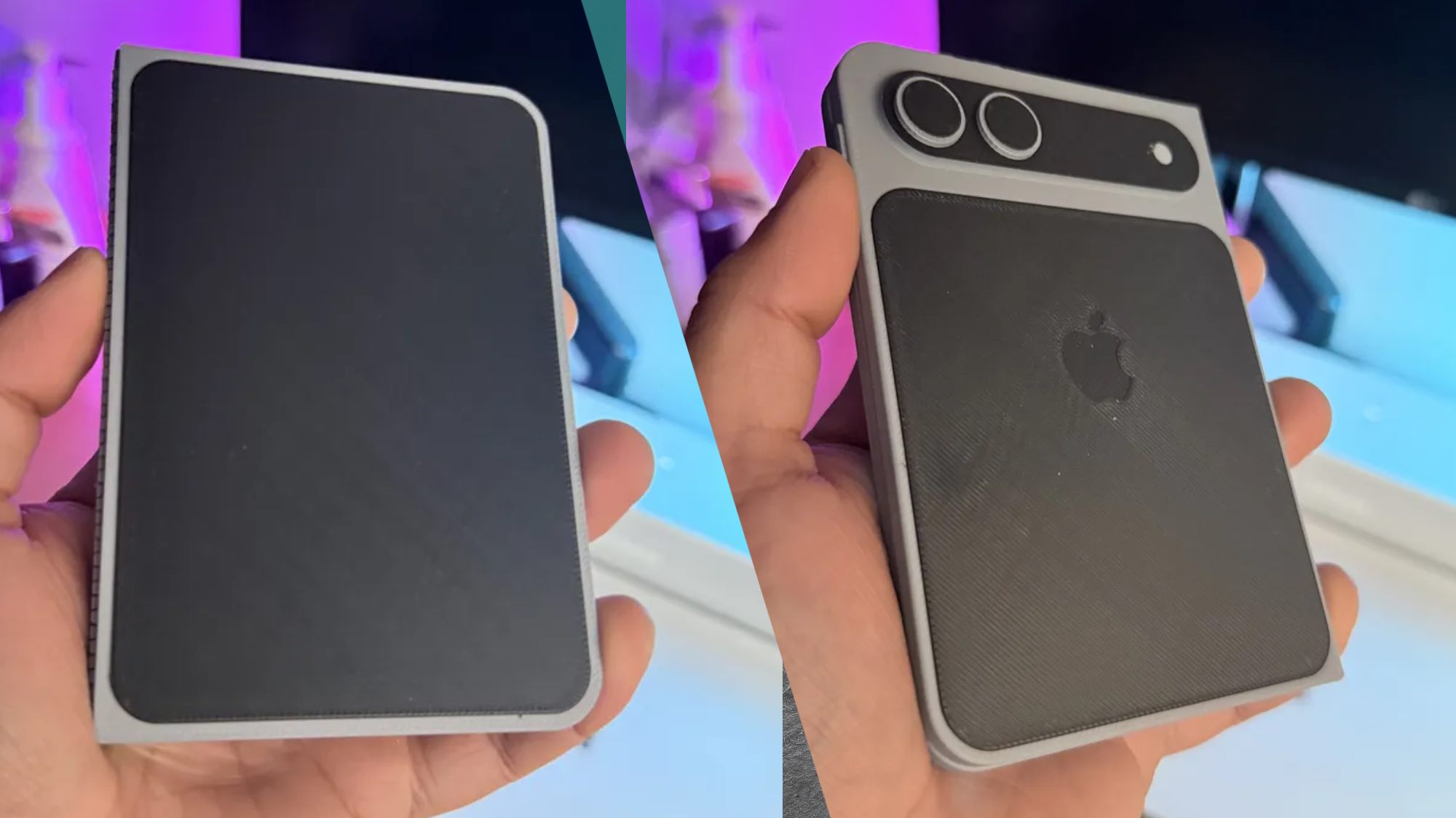 iPhone Fold 3D printed mockup showing front screen and back of device