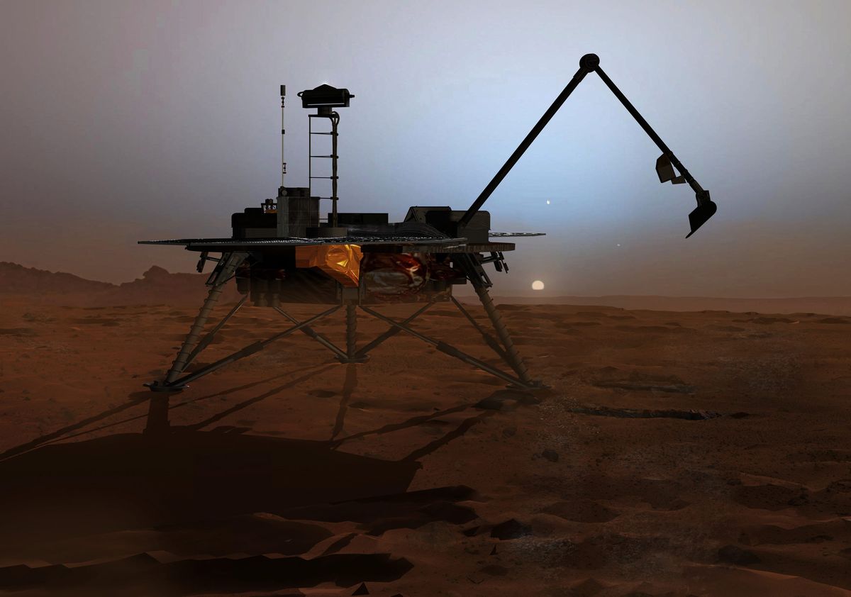 An artist's impression of the Phoenix lander on Mars, which discovered perchlorate in the Martian regolith.