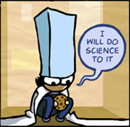 Child holding cookie says, "I will do science to it."