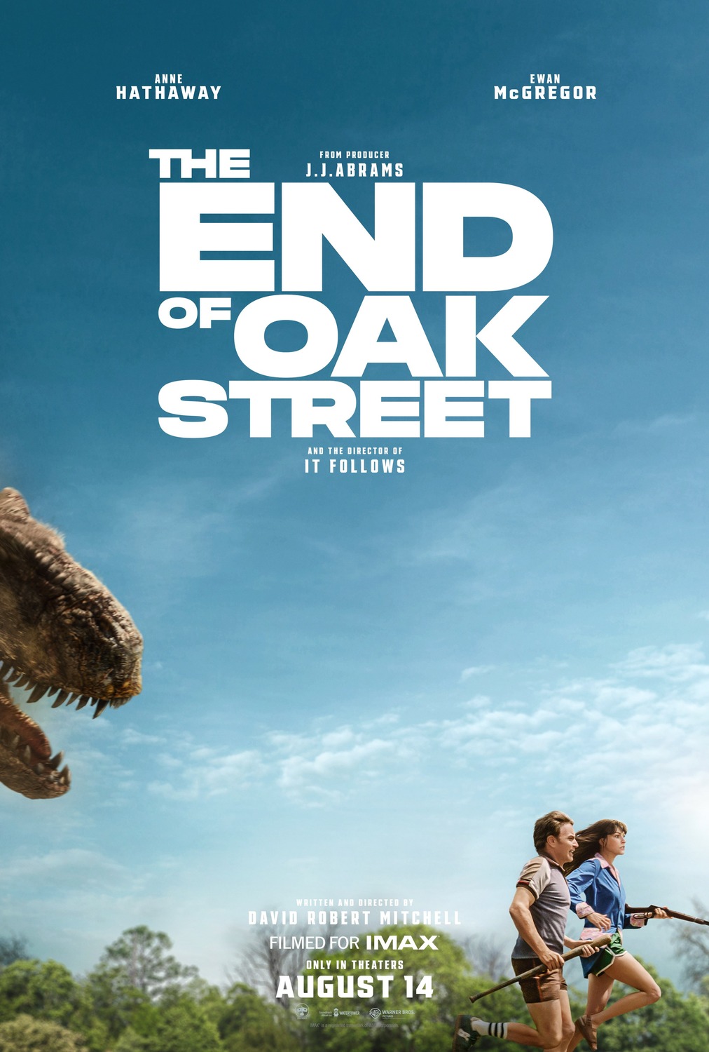 a movie poster of two people running from a dinosaur