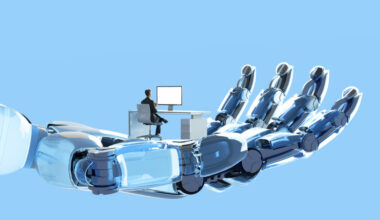 Digital illustration of robot's hand holding and supporting man who is sitting at a desk using a computer.