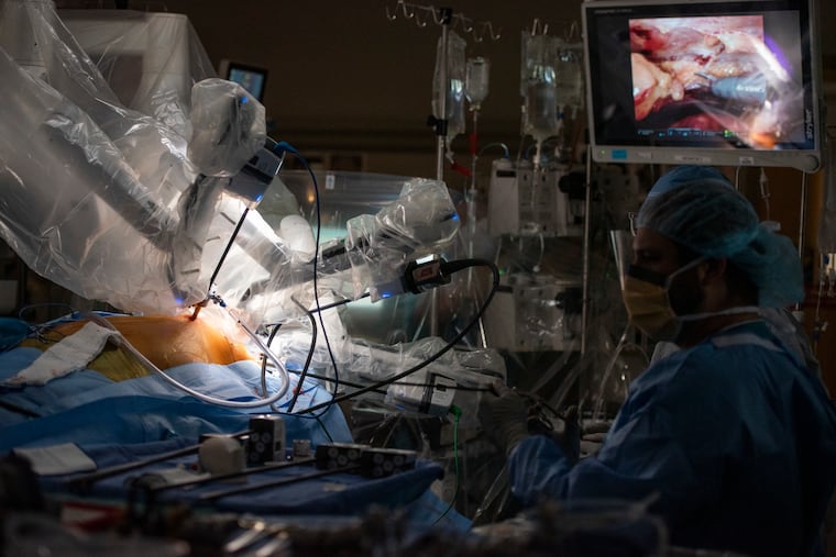 Surgical robotic arms are placed in the patient’s chest on Monday, June 26, 2023. There are three arms that lead surgeon Francis Sutter controls from his computer. Lankenau Hospital, part of Main Line Health, uses robotic coronary bypass surgeries at a higher percent than other hospitals.