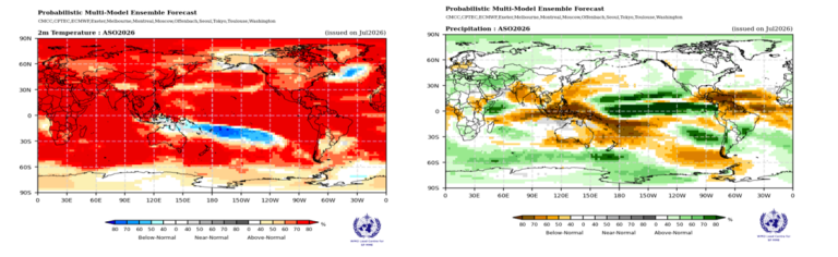 Picture2.png Two world maps show June-August 2023 forecasts: left map predicts above-normal temperatures, mainly in the Pacific; right map predicts varying precipitation, with wetter and drier regions highlighted.