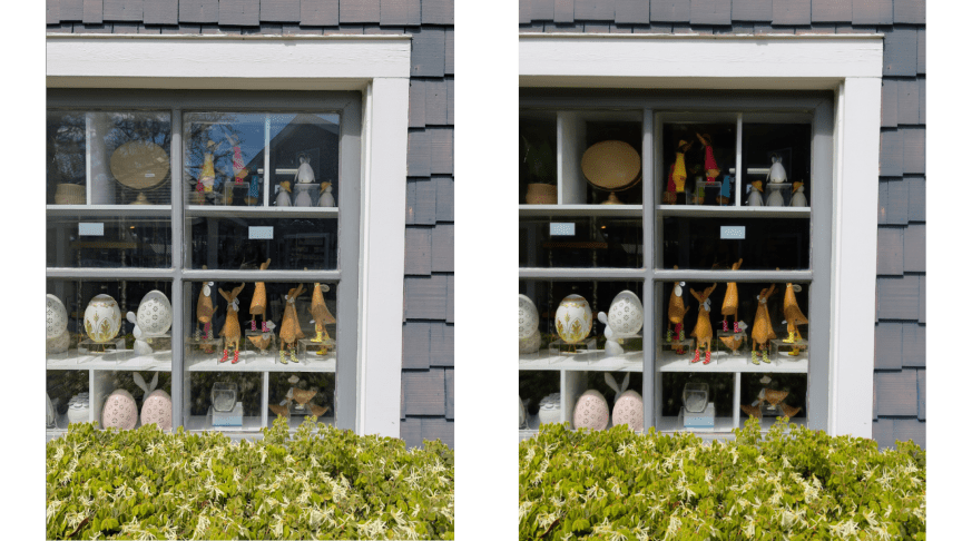 Two pictures of a display window, the original (left) has reflections and the AI-edited (right) has the reflections removed