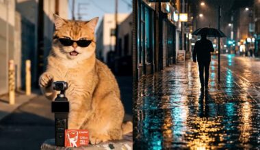 A split image showing a cat wearing sunglasses holding a small camera on the left and a person walking under an umbrella on a rainy, lit city street on the right.
