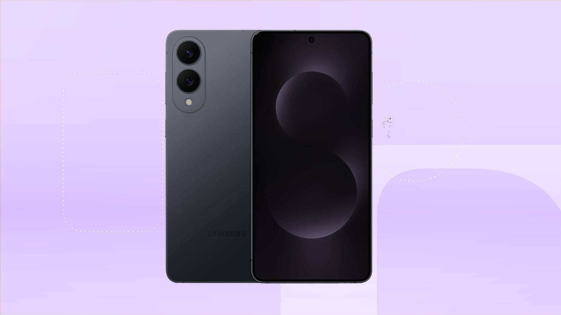 The front and back of a black Samsung phone against a lavender gradient CNET background.