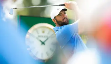 Scottie Scheffler hits his tee shot on the sixth hole prior to the BMW Championship 2026 at Bellerive Country Club on Aug 19.
