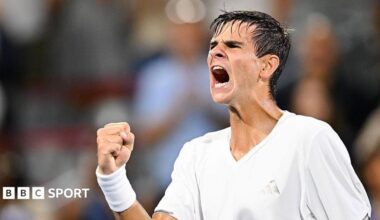 Tennis player Rafael Jordan roars in celebration after winning a point at the Canadian Open in Montreal