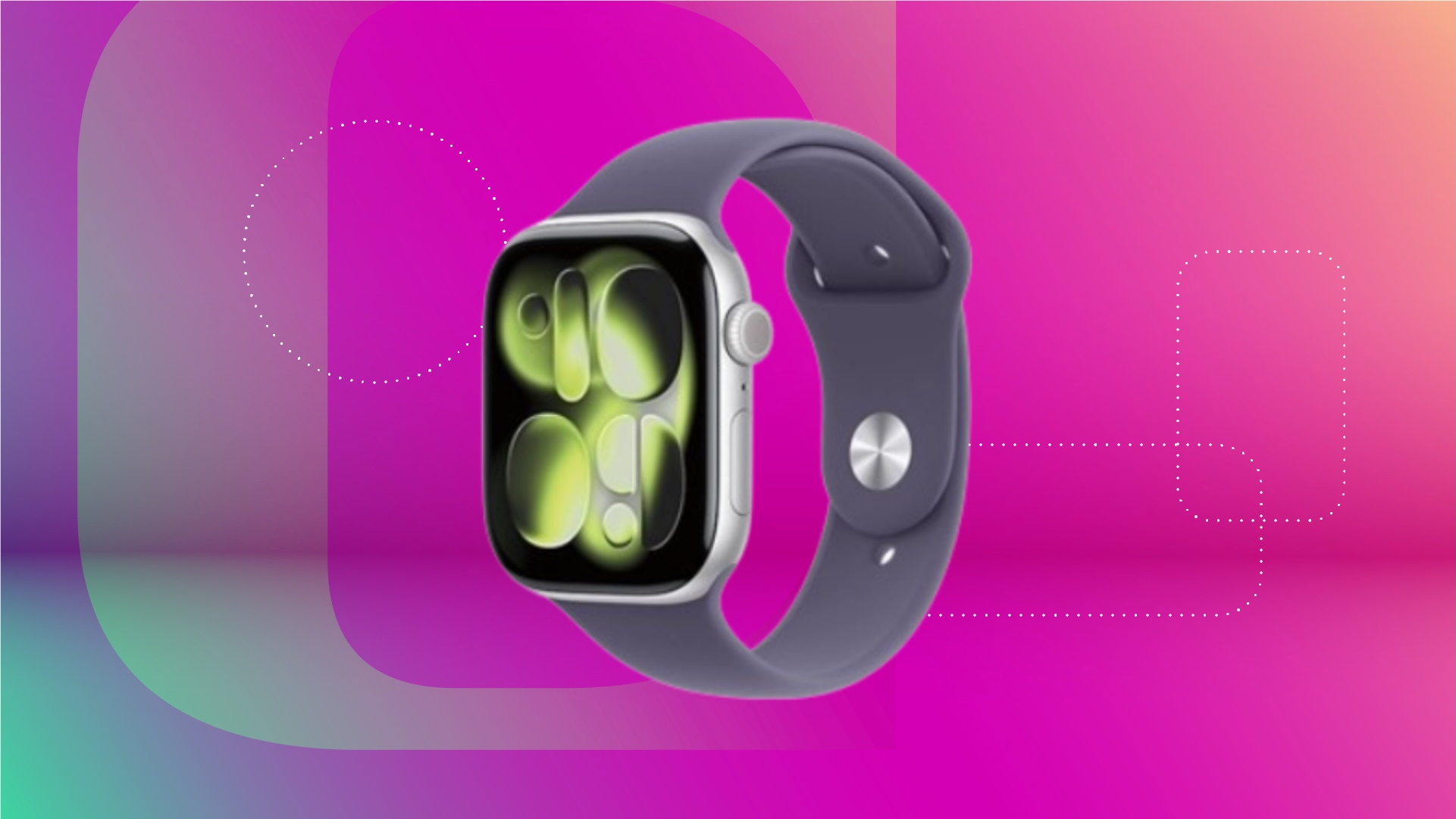 An apple watch with a plum watchband is on display against a gradient fuschia background