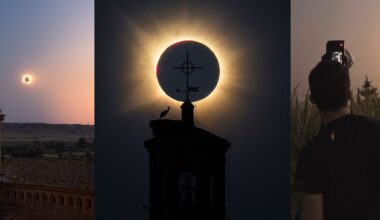 A triptych showing a solar eclipse over a church tower with storks, a close-up of the eclipse behind a cross, and a photographer.