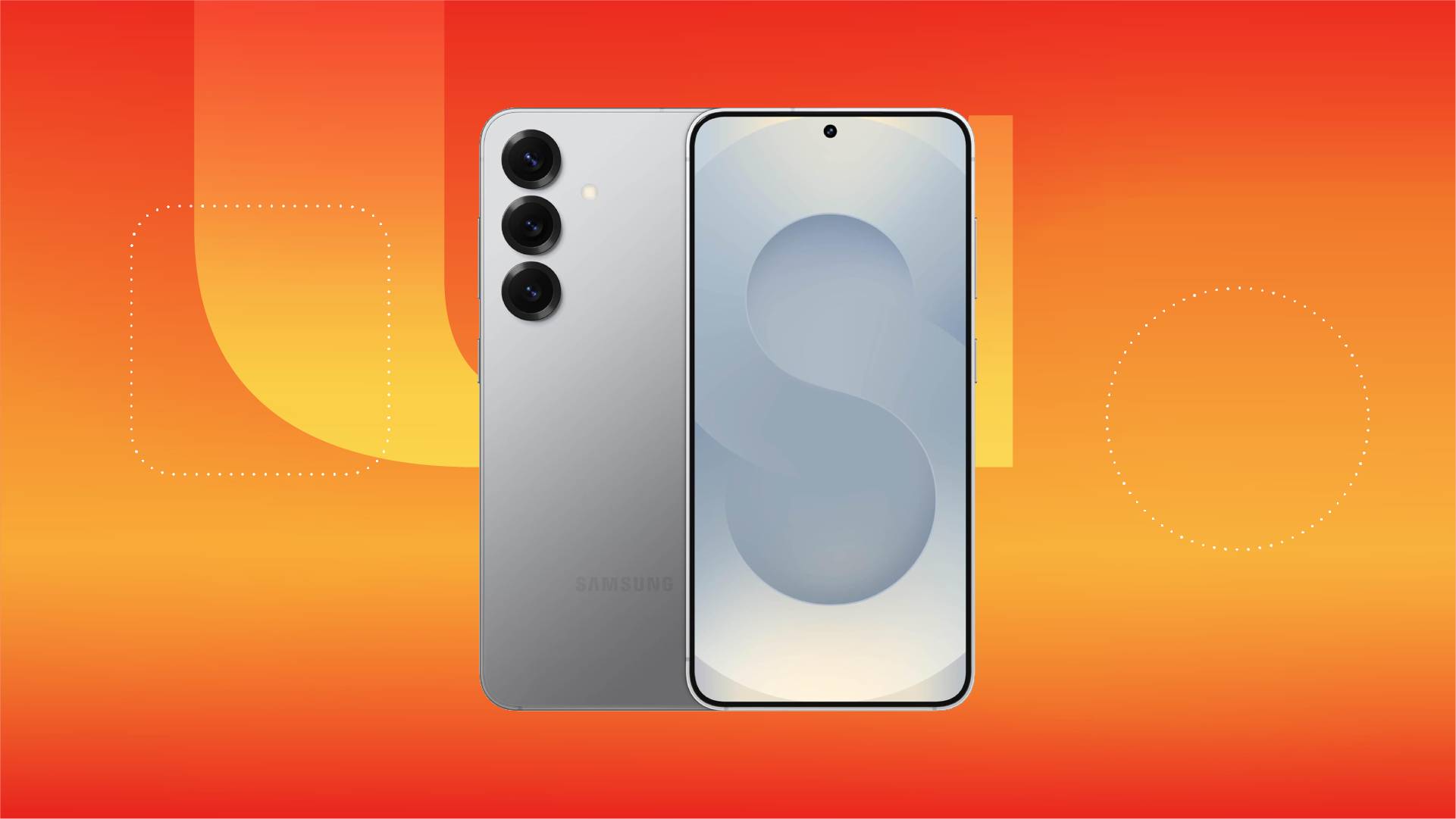 A gray Samsung Galaxy S25 phone against an orange gradient CNET background.