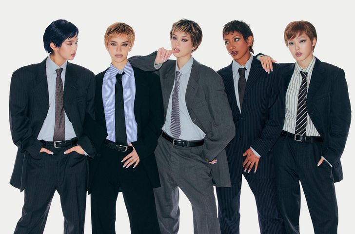 From left are Sophia, Daniela, Megan, Lara Raj and Yoonchae of global girl group KATSEYE. Courtesy of HYBE, Geffen Records