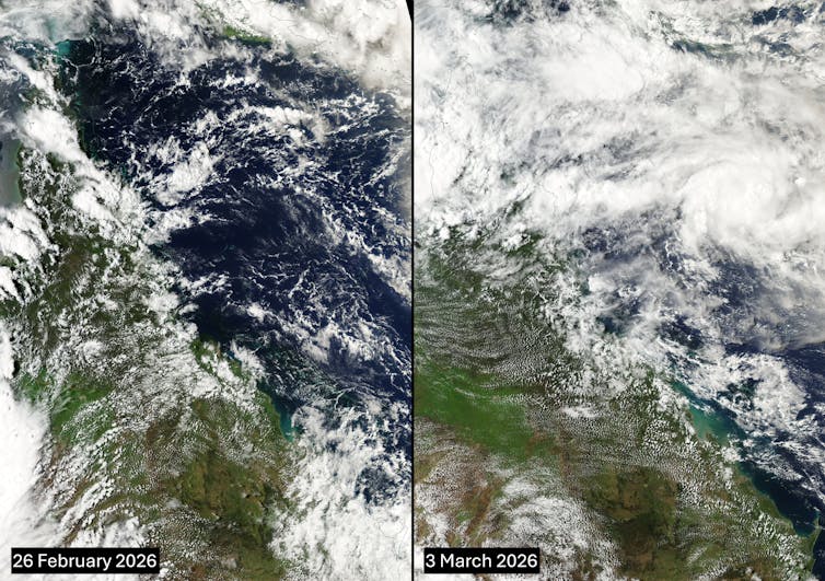 Satellite images showing clouds over the Great Barrier Reef before and after an active monsoon.
