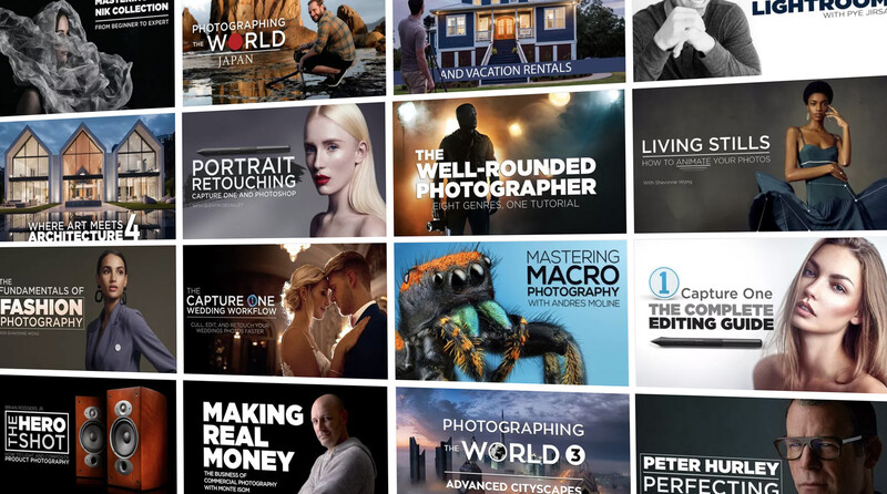 Grid of photography course and tutorial thumbnail covers featuring portraits, macro, fashion, and post-processing content.